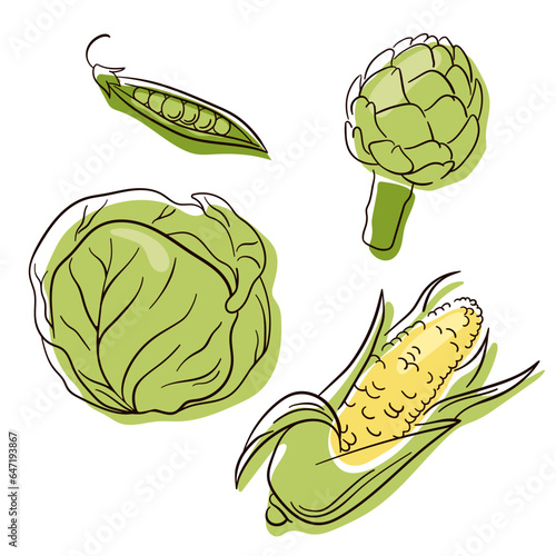 Vegetable set in line art style. Food collection for restaurants, menu, posters and grocery bags. Corn, cabbage, peas, artichoke. Vector illustration isolated on a white background.