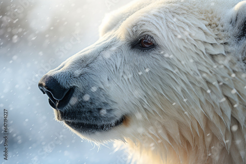 Generative AI image of side view of polar bear with white fur and brown eyes looking away while standing against snowy landscape in the Arctic