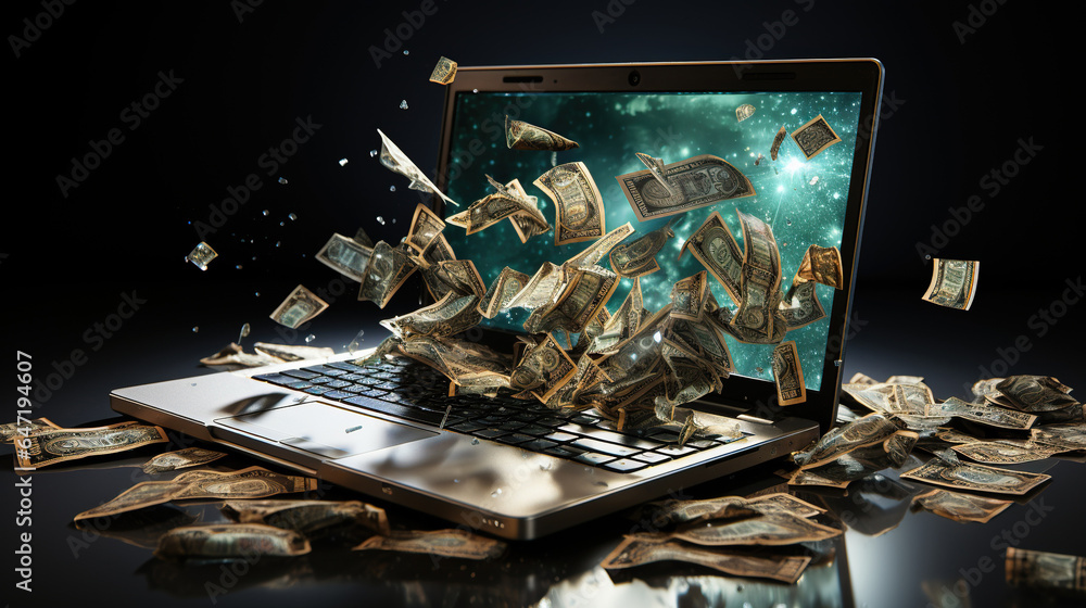 us dollar bills flying out of laptop, work online concept. - obrazy, fototapety, plakaty 