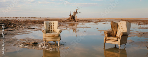 Generative AI illustration of two armchairs in the middle of an empty field full of mud and bushes after a flood in blurred background photo