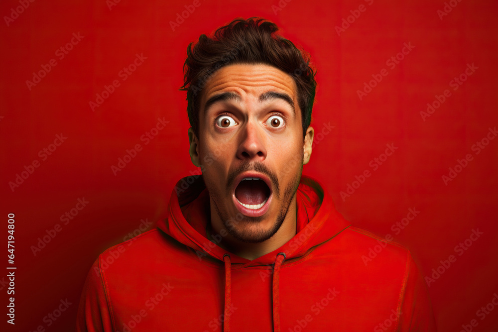 young man expressing surprise and shock emotion with his mouth open and wide open eyes. isolated on red background young man expressing surprise and shock emotion with his mouth open and wide open eyes. isolated on red background