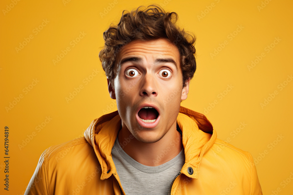 young man expressing surprise and shock emotion with his mouth open and wide open eyes. isolated on yellow background young man expressing surprise and shock emotion with his mouth open and wide open eyes. isolated on yellow background