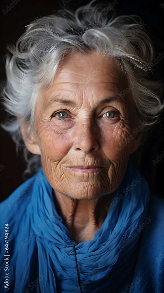 Close-Up Portrait of Woman with Striking Blue Eyes, Captivating Gaze, 80 years old, Generative AI Close-Up Portrait of Woman with Striking Blue Eyes, Captivating Gaze, 80 years old, Generative AI