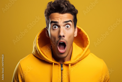 young man expressing surprise and shock emotion with his mouth open and wide open eyes. isolated on yellow background © wolfhound911
