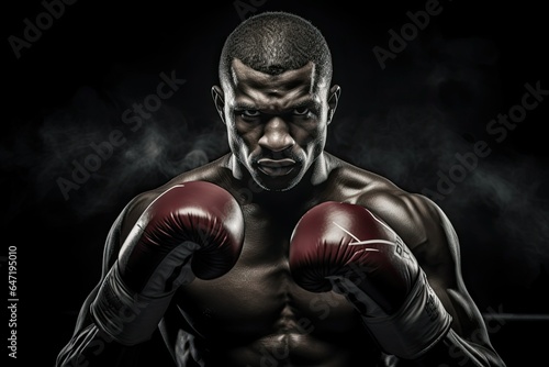 Close-up portrait of a boxer with boxing gloves on a black background, ai generative © mariof