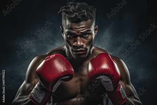 Portrait of an black boxer in red gloves on a dark background, ai generative © mariof