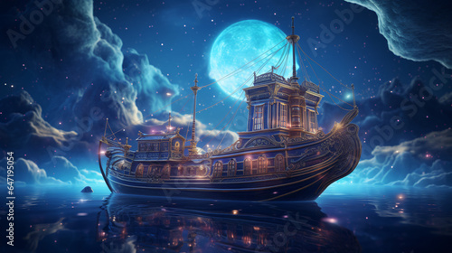 Fantasy boat in a starry night. 3D rendering © Salman