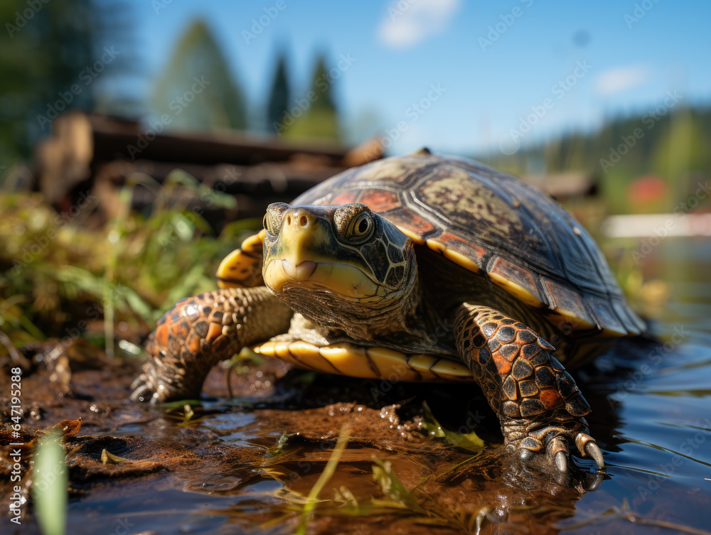 Fototapeta premium Lakeside dock a small pet turtle