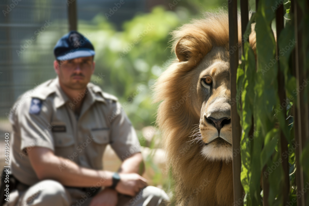 Man In Uniform Sitting Next To Lion. The Guard In The Background Zoos