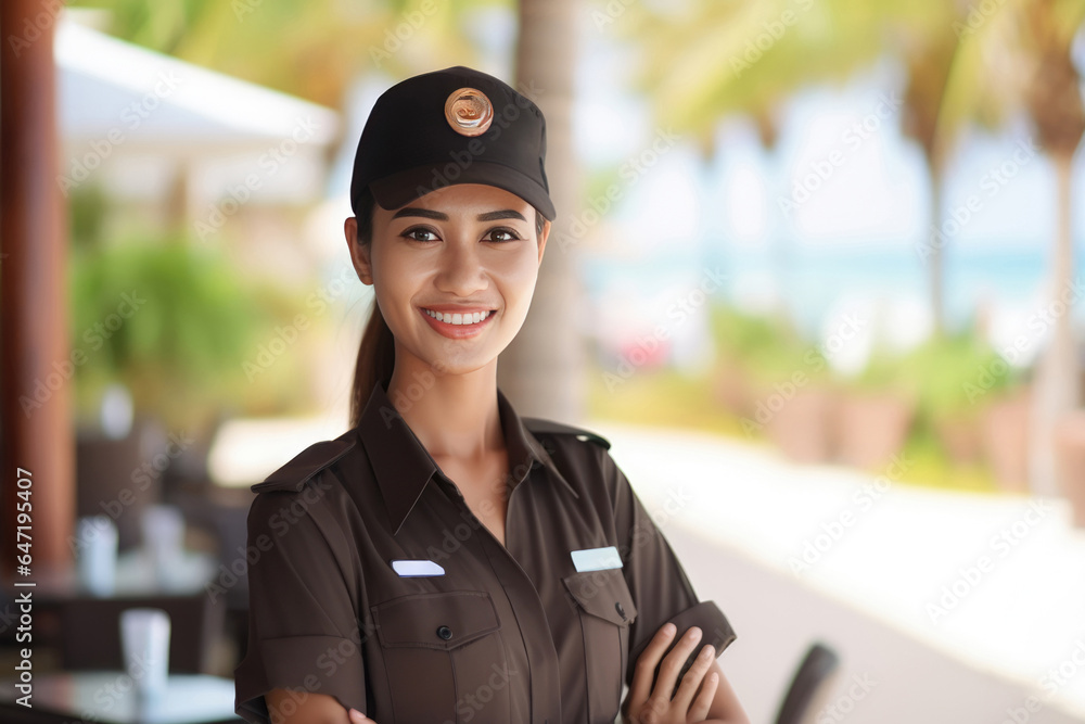 Woman Guard On Defocused Background Beach Resorts. Сoncept Woman Empowerment, Female Guard Roles, Beach Vacation Benefits, Composition Techniques In Photography Woman Guard On Defocused Background Beach Resorts. Сoncept Woman Empowerment, Female Guard Roles, Beach Vacation Benefits, Composition Techniques In Photography