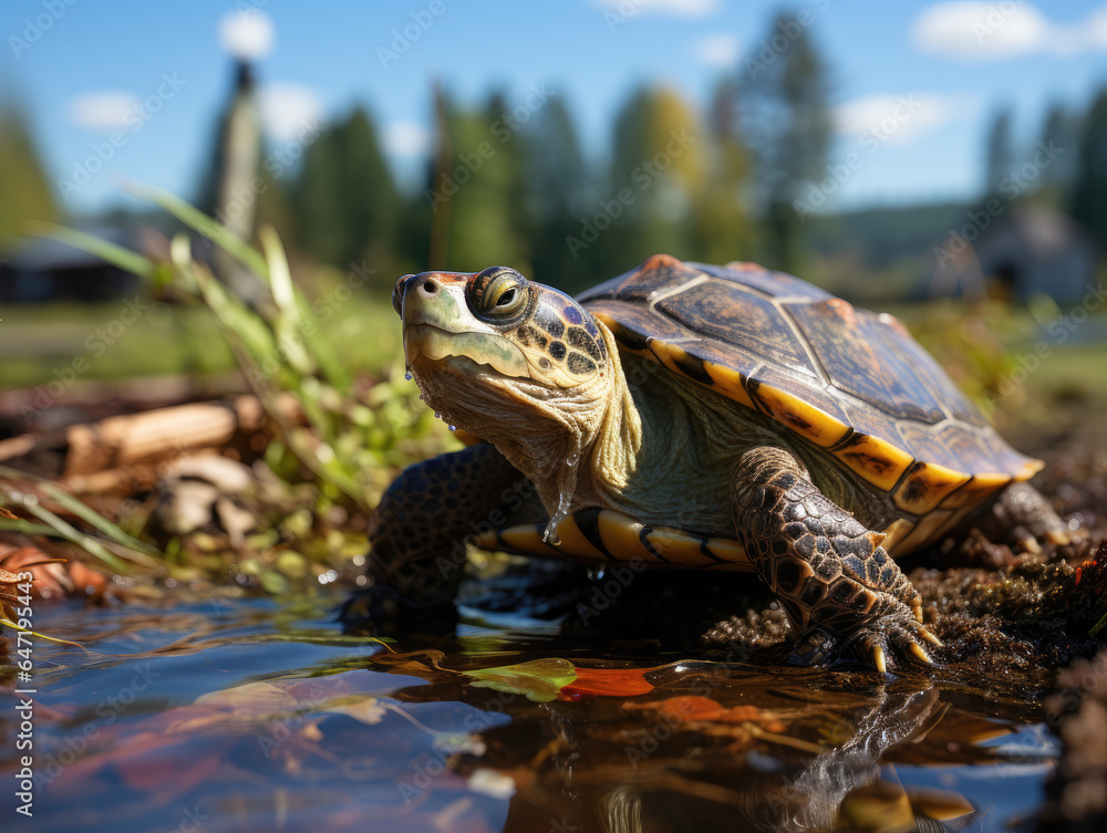 Lakeside dock a small pet turtle Lakeside dock a small pet turtle