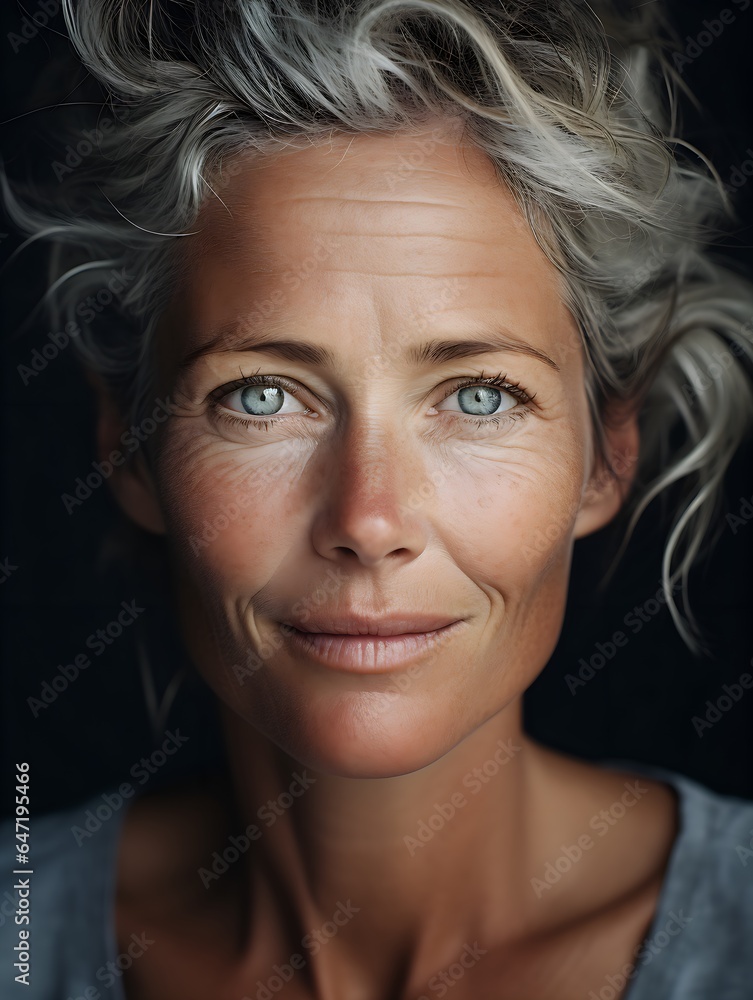 Close-Up Portrait of Woman with Striking Blue Eyes, Captivating Gaze, 40 years old, Generative AI Close-Up Portrait of Woman with Striking Blue Eyes, Captivating Gaze, 40 years old, Generative AI