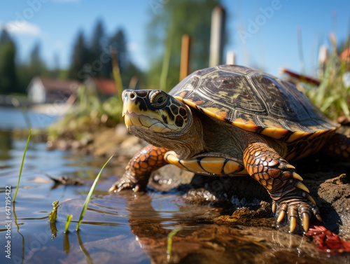 Lakeside dock a small pet turtle