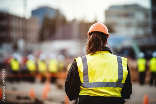 Woman Guard On Defocused Background Construction Sites. Сoncept Women In Construction, Construction Site Safety, Defocused Backgrounds, Women Guarding © Anastasiia