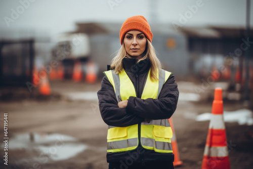Woman Guard On Defocused Background Construction Zones. Сoncept Construction Zones, Woman Guard, Defocused Background, Safety Measures