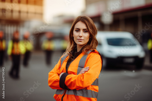 Woman Guard On Defocused Background Construction Zones . Сoncept Women In Construction, Construction Safety, Defocusing Techniques In Photography, Gender Diversity On Job Sites