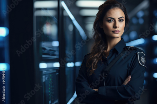 Woman Guard On Defocused Background Data Centers . Сoncept Security Program In Data Centers, Challenges For Women In Security, Benefits Of Gender Diversity In Data Centers © Anastasiia