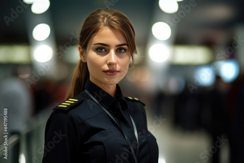 Woman Guard On Defocused Background Exhibition Halls . Сoncept Women Example In Security Industry, Success Of Female Entrepreneur, Impressive Exhibition Hall Designs