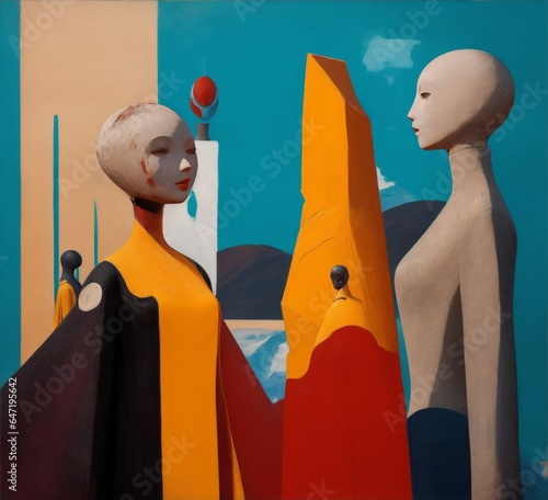 Colored abstract faces, mannequins, people, background, oil painting, surreal art, talking faces . Image created with Generative AI technology.