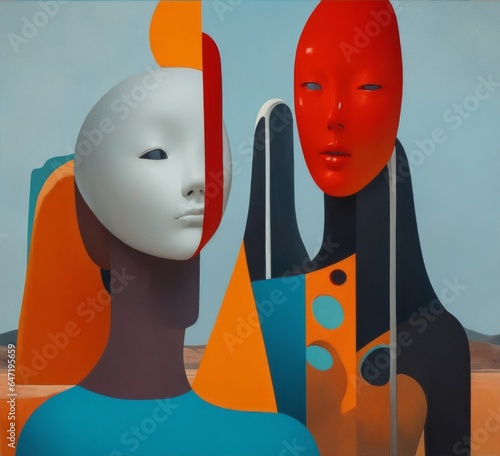 Colored abstract faces, mannequins, people, background, oil painting, surreal art, talking faces . Image created with Generative AI technology.