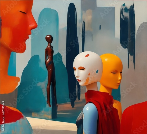 Colored abstract faces, mannequins, people, background, oil painting, surreal art, talking faces . Image created with Generative AI technology.
