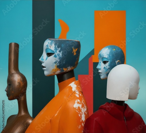 Colored abstract faces, mannequins, people, background, oil painting, surreal art, talking faces . Image created with Generative AI technology.