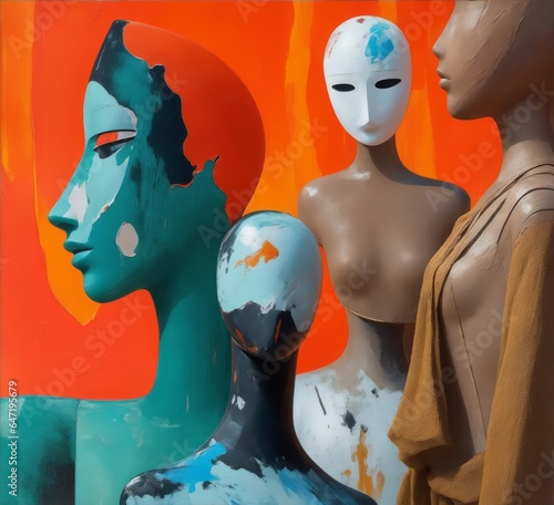 Colored abstract faces, mannequins, people, background, oil painting, surreal art, talking faces . Image created with Generative AI technology.