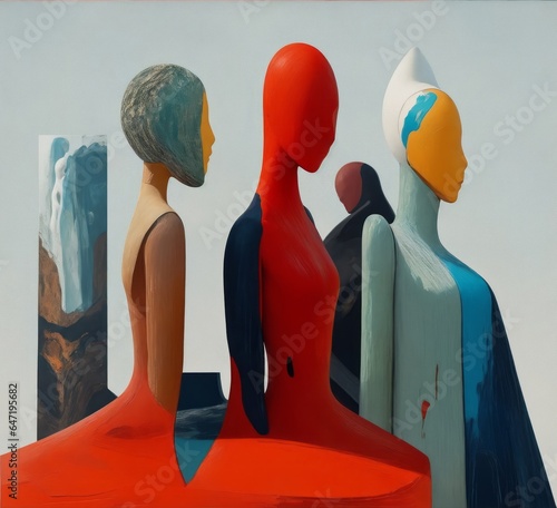 Colored abstract faces, mannequins, people, background, oil painting, surreal art, talking faces . Image created with Generative AI technology.