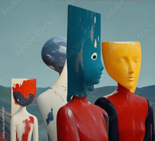 Colored abstract faces, illustration, mannequins, people, background, oil painting, surreal art, talking faces . Image created with Generative AI technology.