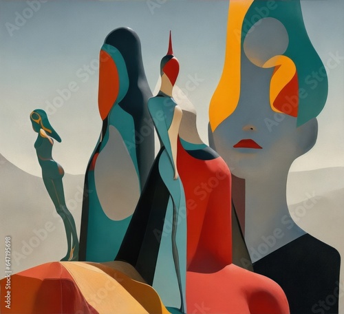 Colored abstract faces, mannequins, people, background, oil painting, surreal art, talking faces . Image created with Generative AI technology.