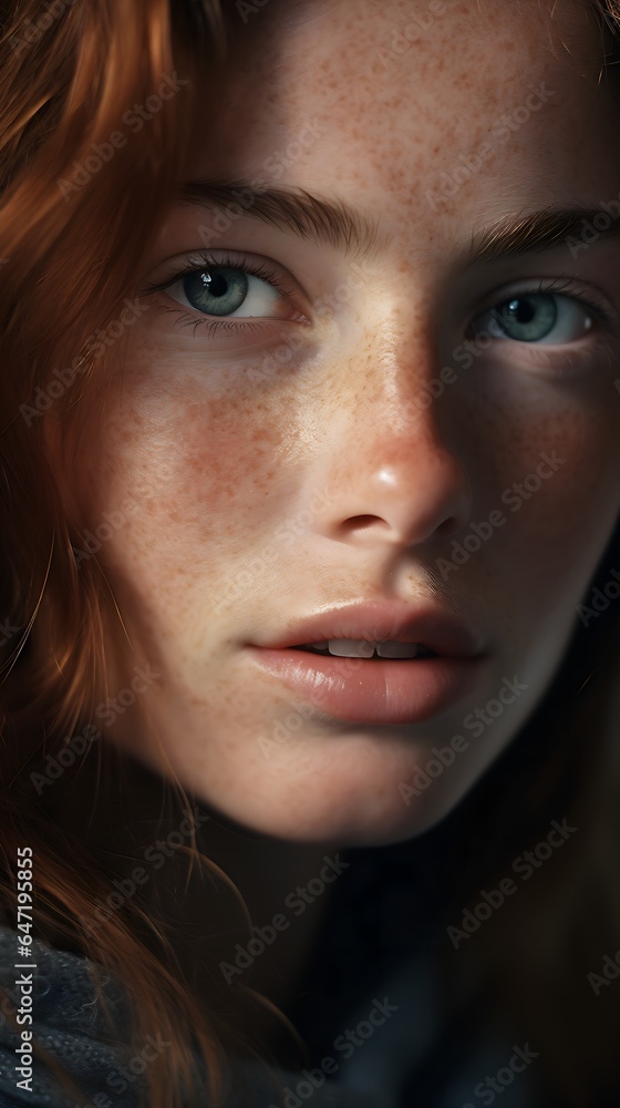 Close-Up Portrait of Woman with Striking Blue Eyes, Captivating Gaze, 25 years old, Generative AI Close-Up Portrait of Woman with Striking Blue Eyes, Captivating Gaze, 25 years old, Generative AI