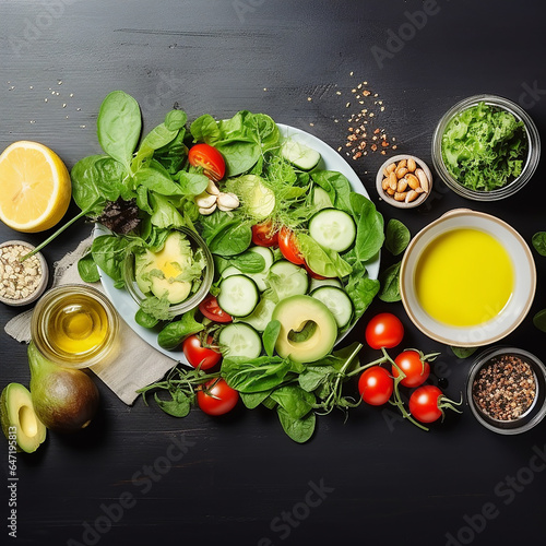Plate with healthy green salad with lettuce, avocado, nuts and olive oil salat dressing with lemon, top view photo