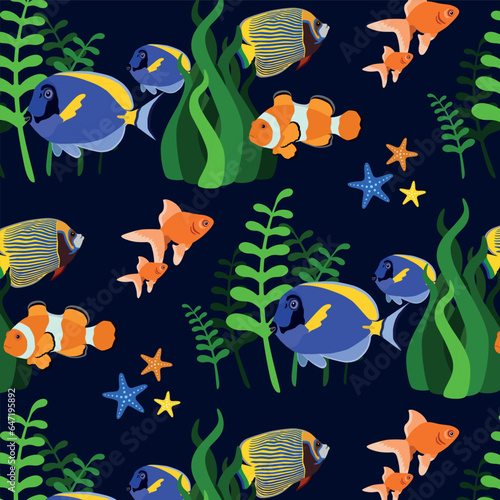 Pattern with different fish, algae on a dark blue background