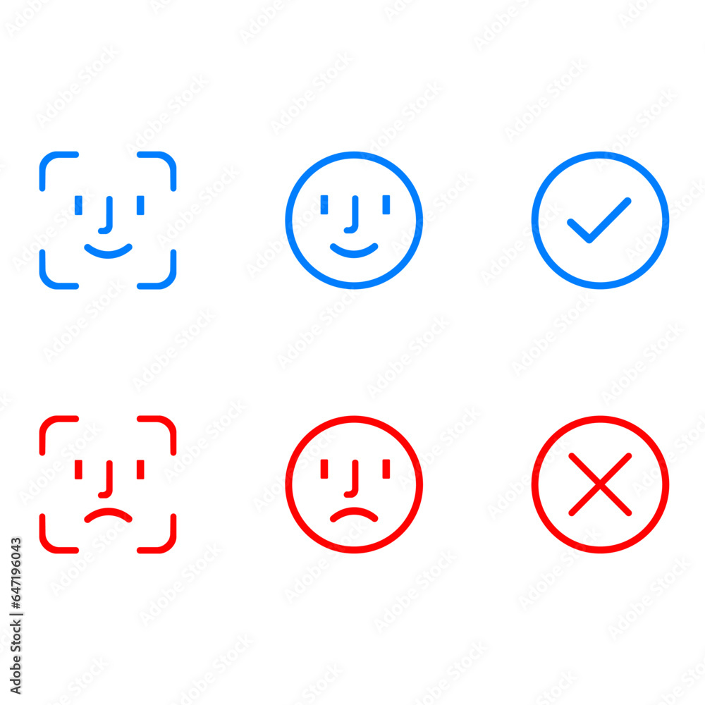 Face ID confirmation and rejection icons. Icons of the real face scanning process. Face recognition confirmation and rejection signs. Face detection symbols. Vector illustration on a white background Face ID confirmation and rejection icons. Icons of the real face scanning process. Face recognition confirmation and rejection signs. Face detection symbols. Vector illustration on a white background