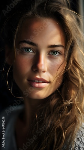 Close-Up Portrait of Woman with Striking Blue Eyes, Captivating Gaze, 28 years old, Generative AI