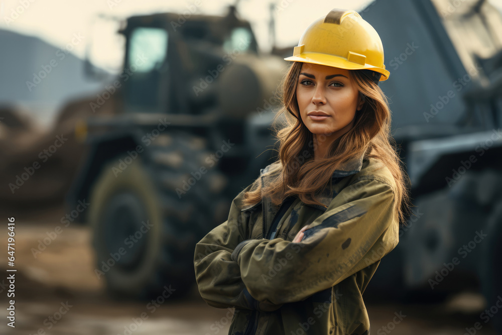 Fototapeta premium Woman Guard On Defocused Background Mining Sites . Сoncept Mining Worker Safety, Women In Maledominated Professions, Diversity In The Workplace, Gender Inequality In Mining Industries