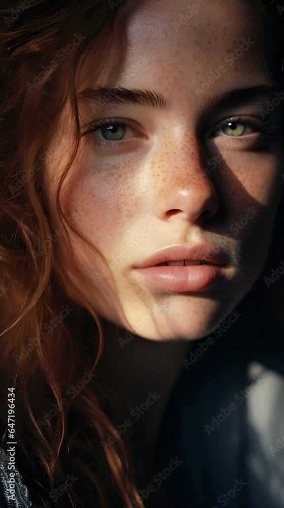 Fototapeta premium Close-Up Portrait of Woman with Striking Blue Eyes, Captivating Gaze, 22 years old, Generative AI