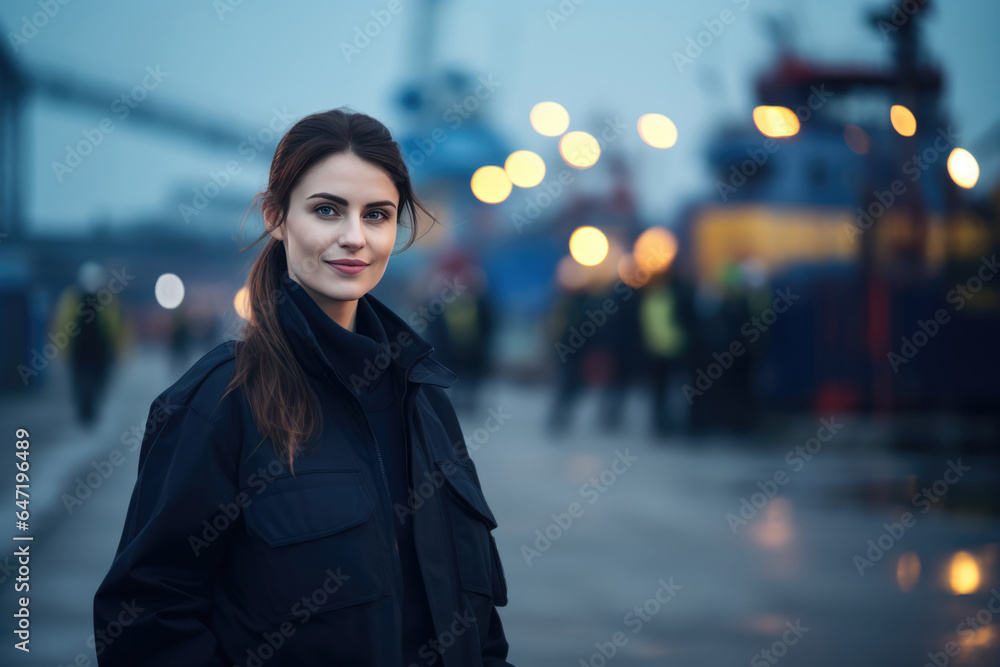 Fototapeta premium Woman Guard On Defocused Background Piers And Docks . Сoncept Women In Uniform, Docks And Piers, Defocused Photography, Cultural Representation
