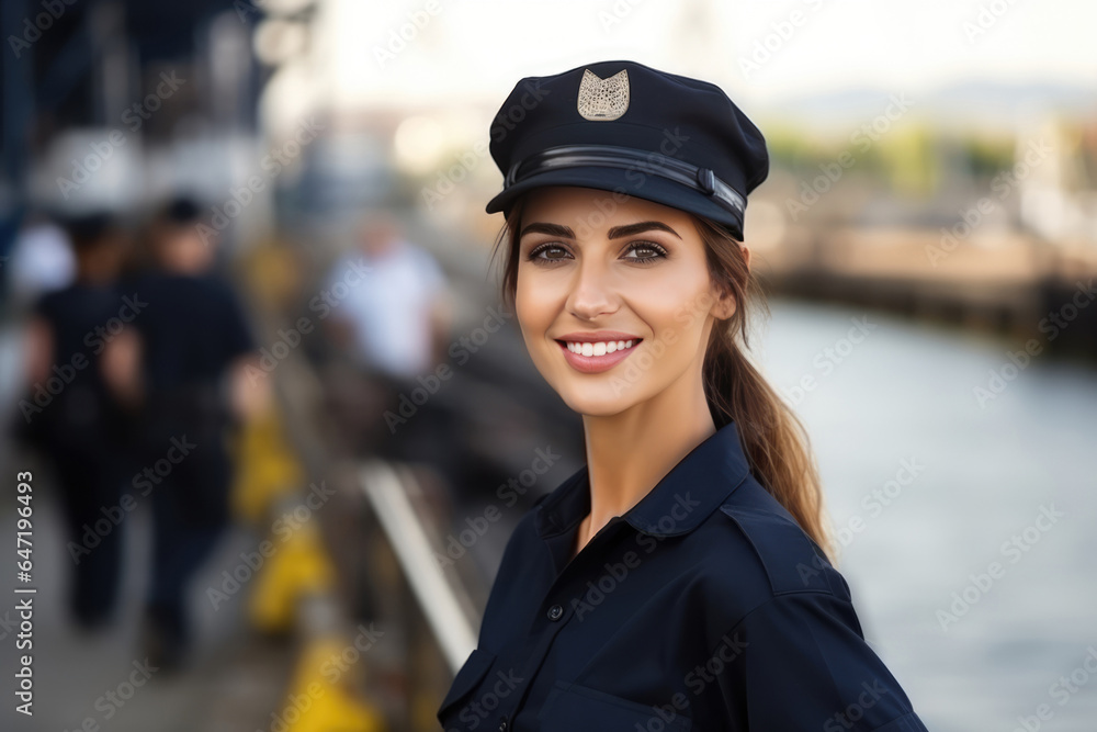 Woman Guard On Defocused Background Piers And Docks. Сoncept Female Security Guards, Docking And Piers Infrastructure, Background Blurs And Defocused Photography, Women In Workforce Woman Guard On Defocused Background Piers And Docks. Сoncept Female Security Guards, Docking And Piers Infrastructure, Background Blurs And Defocused Photography, Women In Workforce