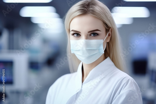 Woman Guard On Defocused Background Laboratories. Сoncept Women In Security, Safety In Laboratories, Psychological Barriers For Women, Defocused Backgrounds In Photography