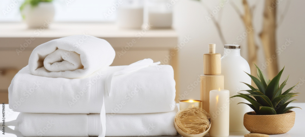 Spa setting, towels with herbal bags, beauty treatment items set in the spa, and health care items, spa collection Spa setting, towels with herbal bags, beauty treatment items set in the spa, and health care items, spa collection