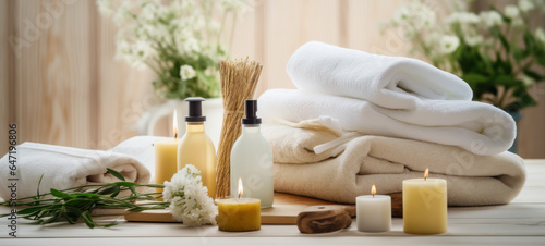 Spa setting, towels with herbal bags, beauty treatment items set in the spa, and health care items, spa collection