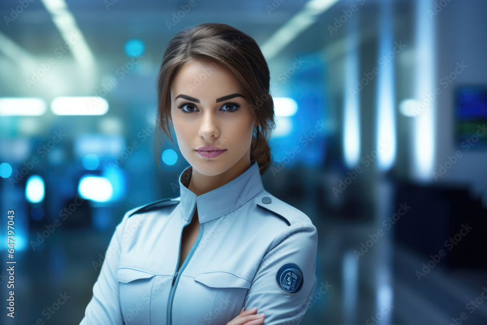 Woman Guard On Defocused Background Science Centers . Сoncept Science Centers, Women In Security, Uniting Technology, Gender And Science, Gender Equality In Stem Fields Woman Guard On Defocused Background Science Centers . Сoncept Science Centers, Women In Security, Uniting Technology, Gender And Science, Gender Equality In Stem Fields