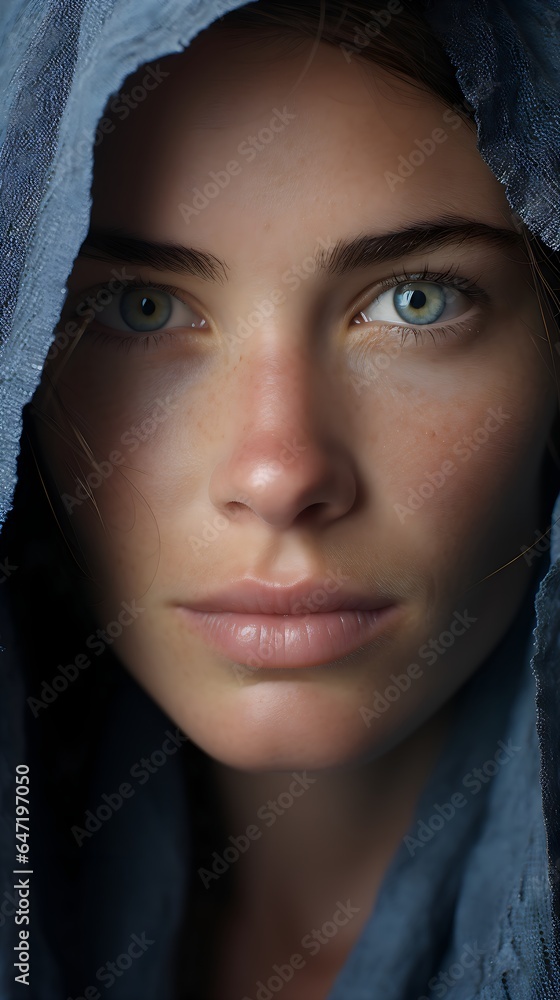 Close-Up Portrait of Woman with Striking Blue Eyes, Captivating Gaze, 32 ears old, Generative AI Close-Up Portrait of Woman with Striking Blue Eyes, Captivating Gaze, 32 ears old, Generative AI
