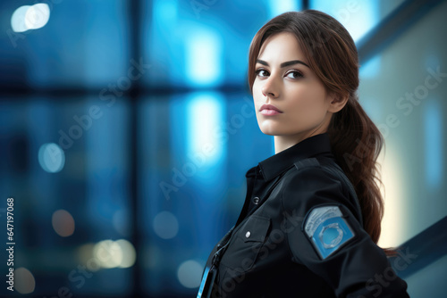 Woman Guard On Defocused Background Skyscrapers. Сoncept Representation Of Women In Security Forces, Genderbased Employment Opportunities, Urban Landscapes And Architecture, Women As Role Models photo