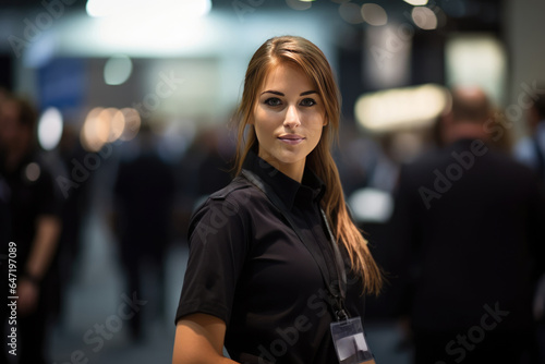 Woman Guard On Defocused Background Tradeshows . Сoncept Womanguard, Defocusedbackground, Tradeshows, Safety