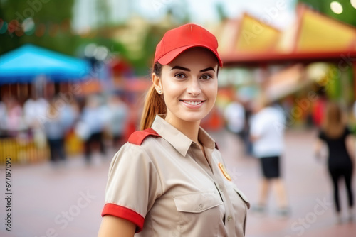 Woman Guard On Defocused Background Theme Parks. Сoncept Women As Security Guards, Theme Park Security, Gender Diversity, Background Defocusing