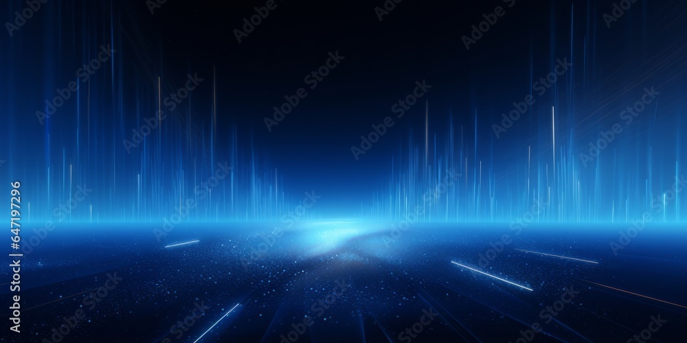 Blue abstract technology background. Blue neon lights illuminate a dark passageway in the background. Lines and light, rays and reflections in perfect symmetry make up this abstract backdrop.