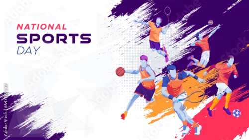Obraz sport background, national sports day celebration concept, with abstract geometric ornament and illustration of sports athlete football player, badminton, basketball, baseball, tennis, volleyball	