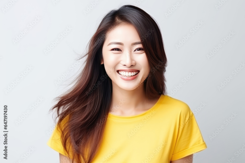 Happiness Asian Woman In Yellow Tshirt On White Background Happiness Asian Woman In Yellow Tshirt On White Background